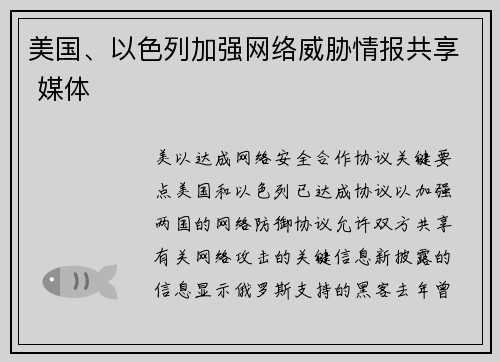 美国、以色列加强网络威胁情报共享 媒体